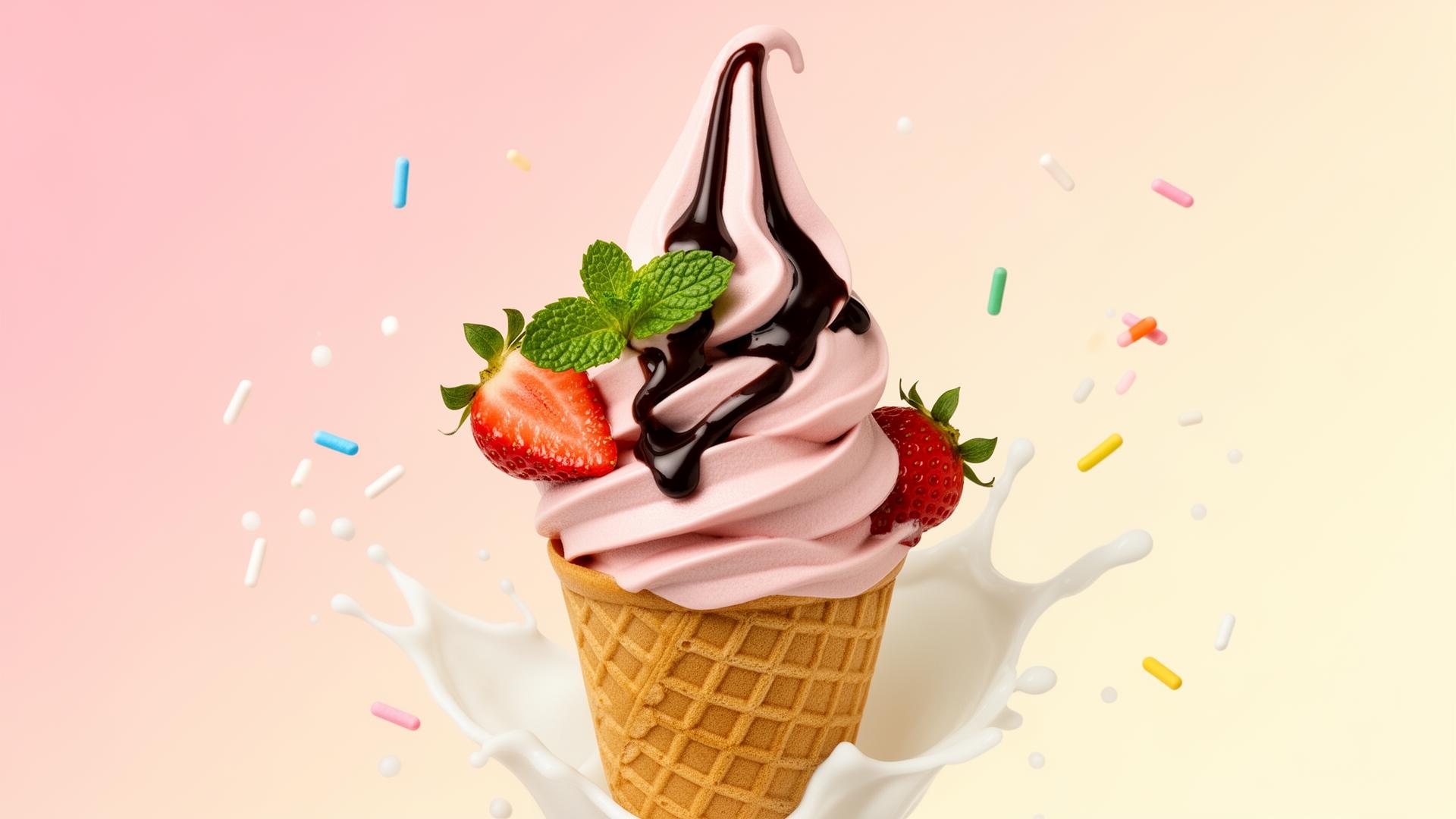 Soft serve strawberry ice cream in a waffle cone with chocolate drizzle
